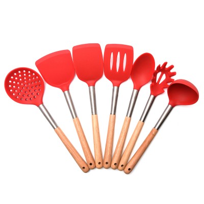 7pcs Food Grade Wood Handle Cookware Kitchen Cooking Silicone Utensil Set