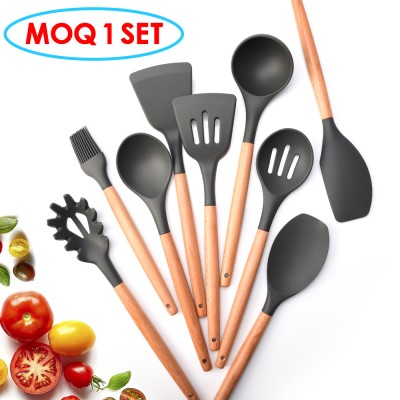 9pcs Printed Logo Wood Handle Cookware  kitchen tools Cooking gadgets Silicone Utensils Set