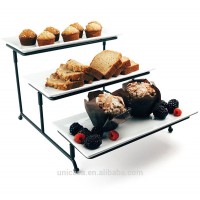 Food Serving Plate Set Of 3 Tier Metal Display Stand with 3 White Stoneware Rectangle Dessert and Snack Server High Quality